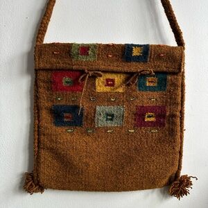 Unique Vintage Handcrafted Brown and Multicolor Wool Crossbody Bag